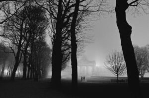 Main Subject: The image features a nighttime scene with trees, people, and a building